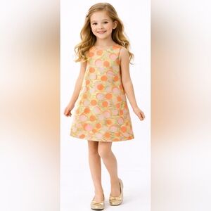 Mini Boden Girls Peach Print Brocade Party Dress Bow Back Size 7/8